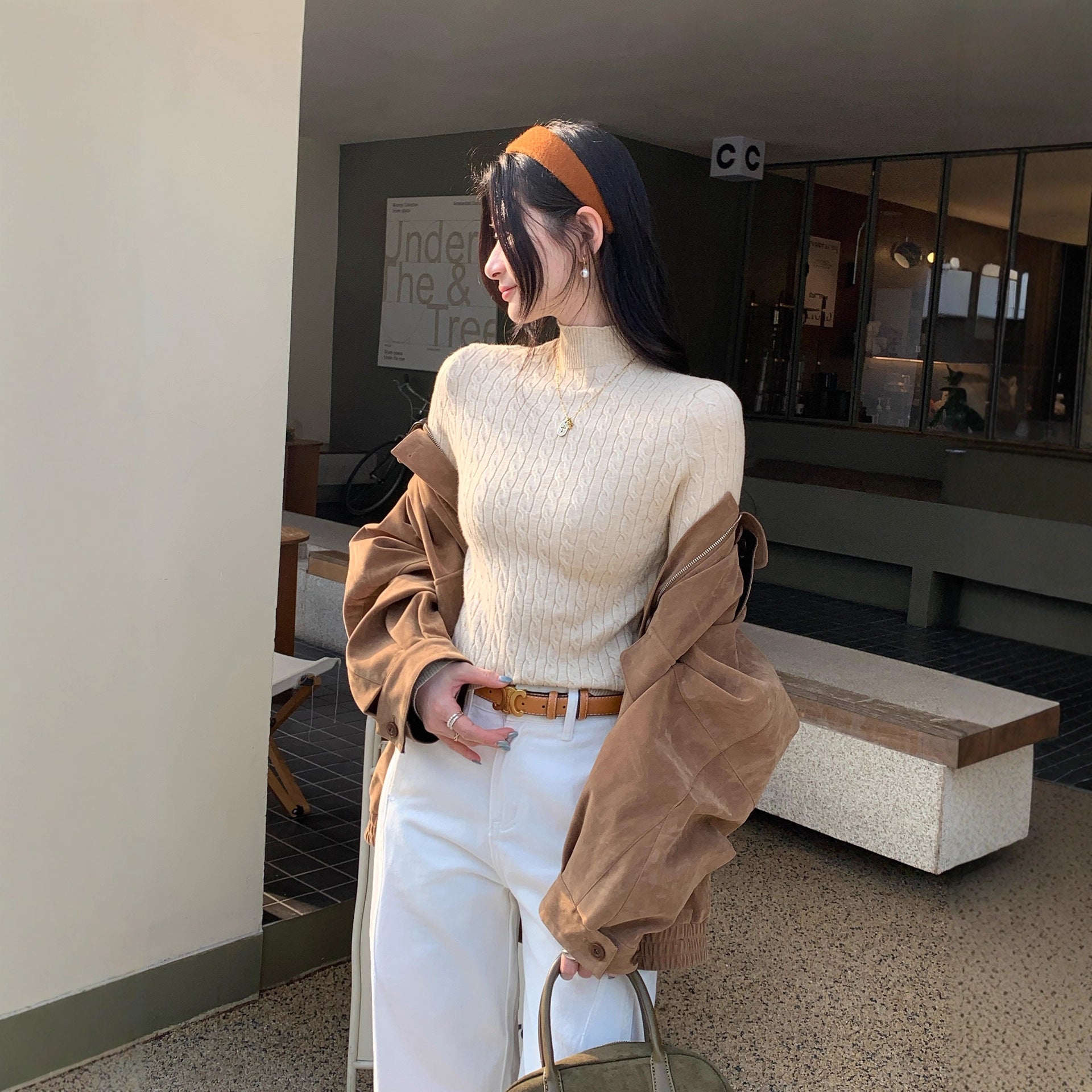 Chic Gray Cable Knit Crewneck Sweater Top for Women,  Slim Fit Short Length Underwear Shirt